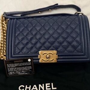 Chanel Navy Quilted Shoulder Bag with Gold Hardware